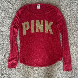 Victoria's Secret PINK Red Heathered Tee w/ Gold Glitter Logo